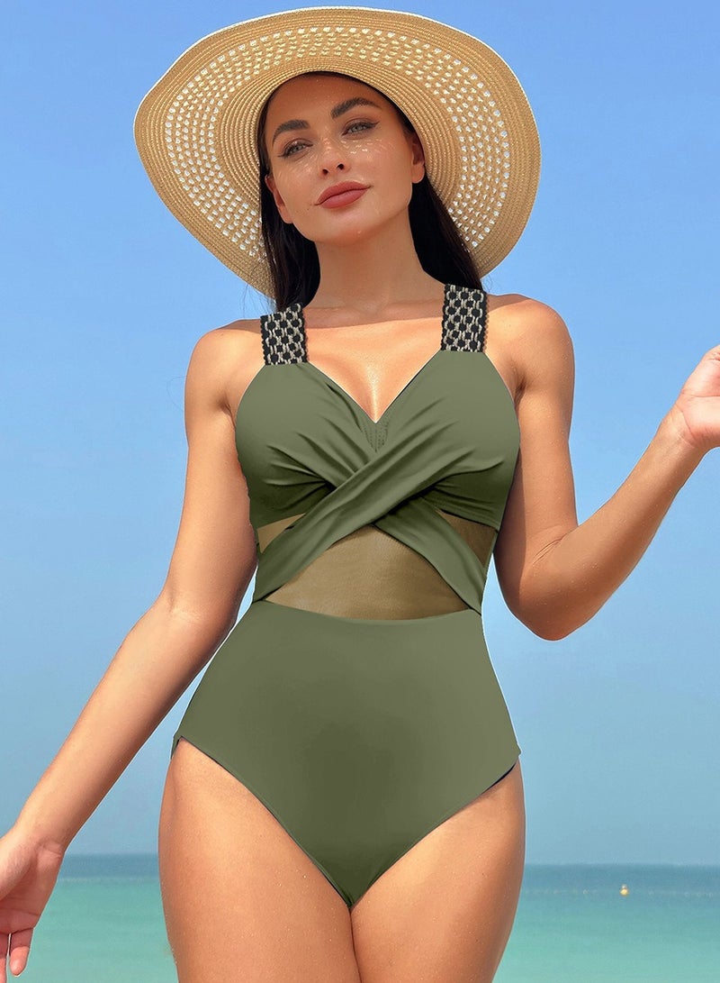Women's Mesh Stitching One Piece Swimsuit V-Neck Wide Straps Bathing Suits Army Green - Image 1