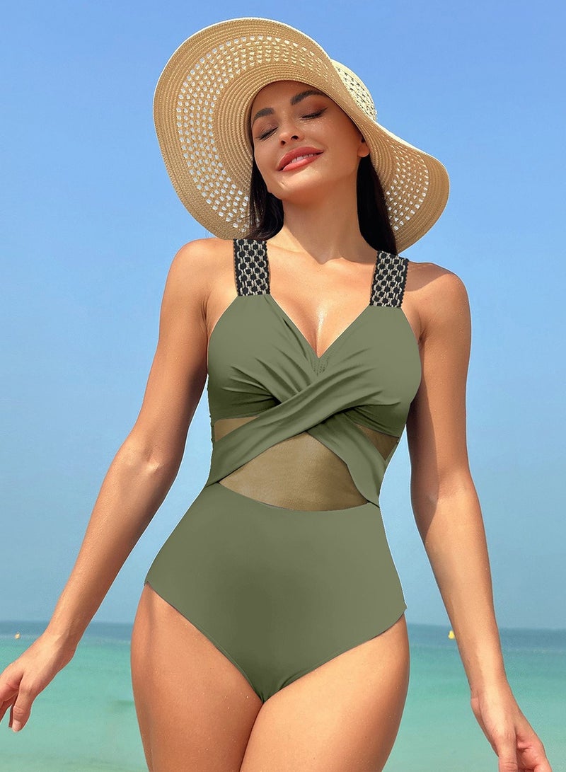 Women's Mesh Stitching One Piece Swimsuit V-Neck Wide Straps Bathing Suits Army Green - Image 2