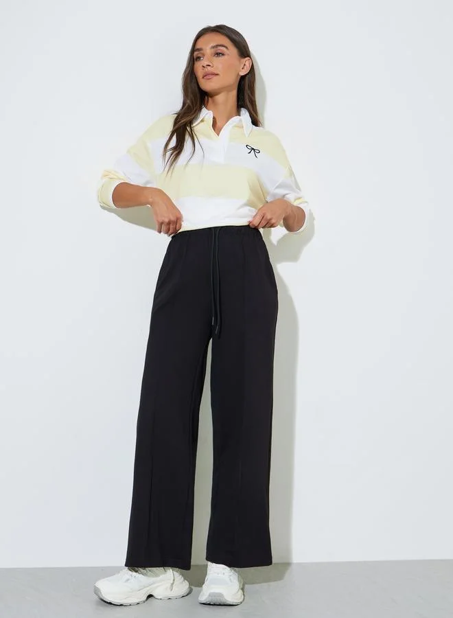 Styli Black Solid Pintuck Details Wide Leg Joggers
