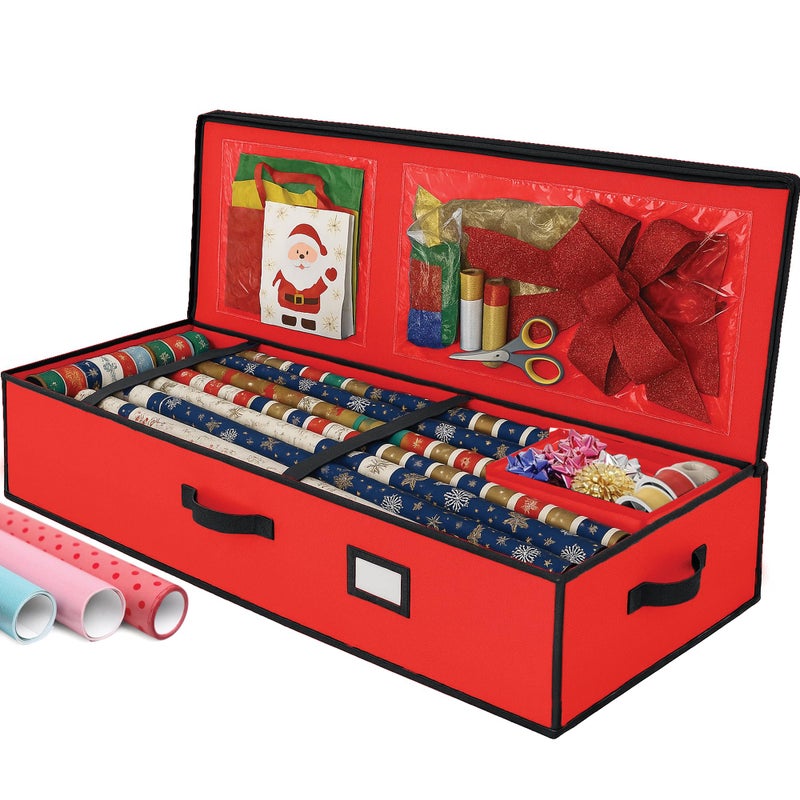 PEULEX Christmas Wrapping Paper Organizer Storage Box, Straps/Pockets, 40" Heavy-Duty Gift Wrap Storage Holder for Bags, Bows, Tags, Ribbons, Holiday Decorations, Fits Up to 24 Rolls Underbed Container (Red) - Image 1
