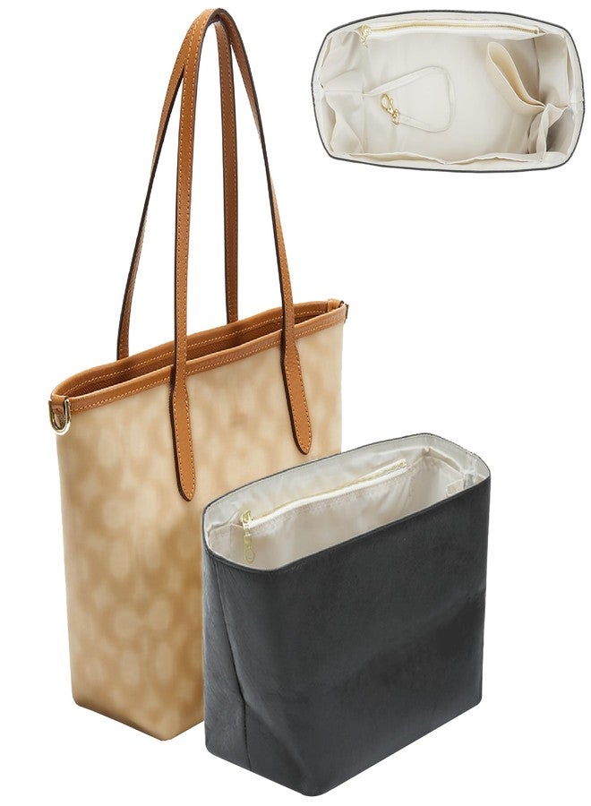 Doxo Purse Organizer Insert for Coach City Tote 33, Lightweight Tote Bag Organizer with keychain, 9 Pockets Bag insert with Cup Holder Zippered Section, Handbag Organizer Storage Divider (Black Beige) - Image 1