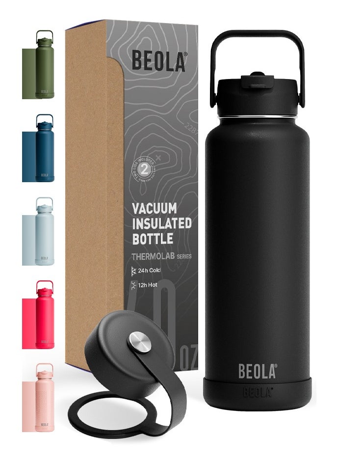 BEOLA 1200ml Vacuum Insulated Water Bottle, Double Wall Stainless Steel Thermos Bottle with wide mouth, 2 lids included, Hot Cold Water Flask, Large Sports Bottle with straw lid, 40oz (Mountain Black)  - Image 1