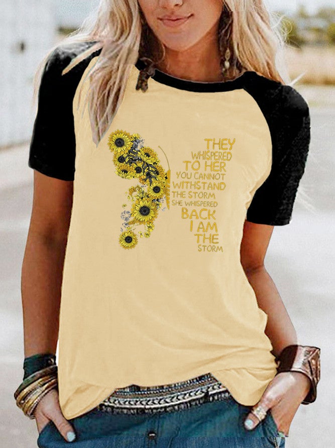 Wish Daisy Butterfly Pattern Printed Raglan Contrast Short Sleeve T-Shirt - Image 3