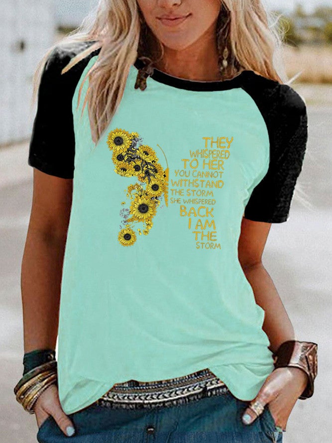 Wish Daisy Butterfly Pattern Printed Raglan Contrast Short Sleeve T-Shirt - Image 5