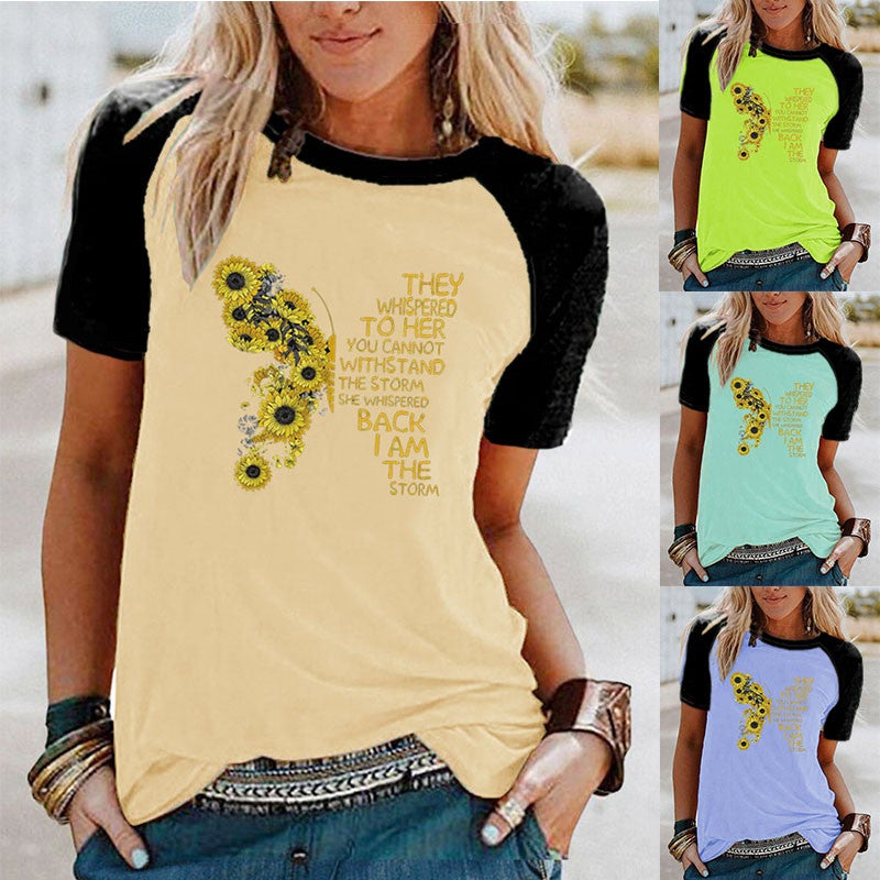 Wish Daisy Butterfly Pattern Printed Raglan Contrast Short Sleeve T-Shirt - Image 2