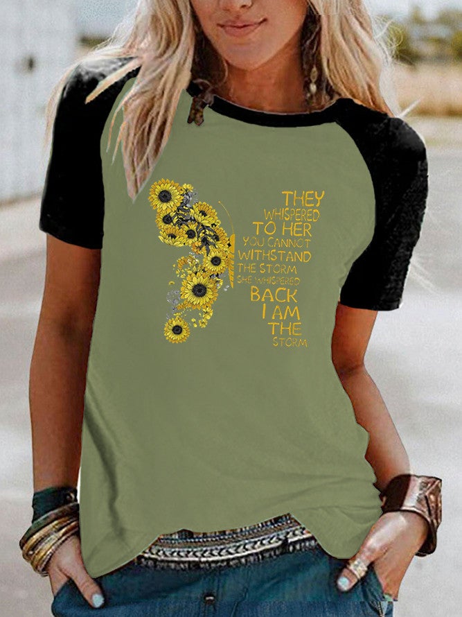 Wish Daisy Butterfly Pattern Printed Raglan Contrast Short Sleeve T-Shirt - Image 4