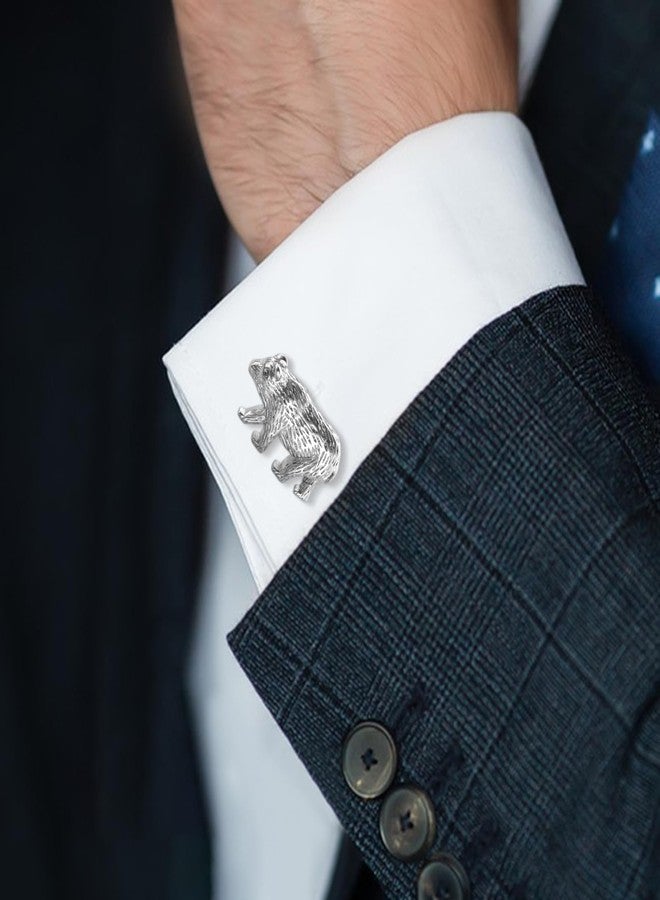 هاوسن أزرار أكمام رجالية بتصميم دب من هاوسون، أزرار أكمام فضية لامعة للرجال، مناسبة للبدلات والقمصان، مثالية لحفلات الزفاف ذات الطابع الحيواني، هدية مستوحاة من غابات الريف - Image 3