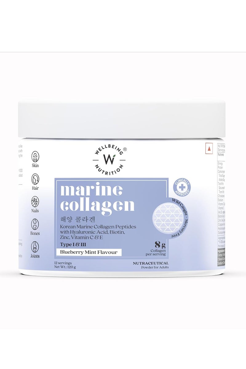Pure Korean Marine Collagen Peptides Supplement for Skin, Hair, Nails & Joints | Clinically Proven | High Absorption 8 gms Collagen, Blueberry Mint, 120 gms