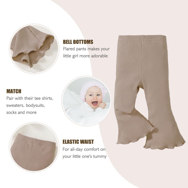SOBOWO Toddler Girl Pants Baby Girl Flare Pants 3 Pack Solid Ribbed Ruffle Bell Bottoms Leggings Fall Outfits(Black/Beige/Brown, 12-18 Months) - Image 4