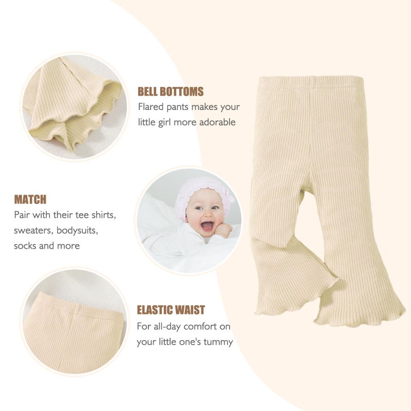 SOBOWO Toddler Girl Pants Baby Girl Flare Pants 3 Pack Solid Ribbed Ruffle Bell Bottoms Leggings Fall Outfits(Black/Beige/Brown, 12-18 Months) - Image 3