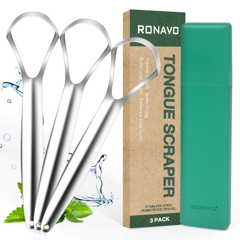 RONAVO Tongue Scraper for Adults (3 Pack), Reduce Bad Breath, Metal Tongue Scraper, Easy to use & Clean, with Travel Case for Home, Travel and On-the-Go - Image 1