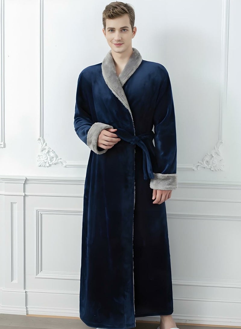 إسكدنيا جنس واحد الشتاء طويل سميكة فستان ليلي فلانيل رداء حمام بيجاما البحرية الزرقاء - Image 1