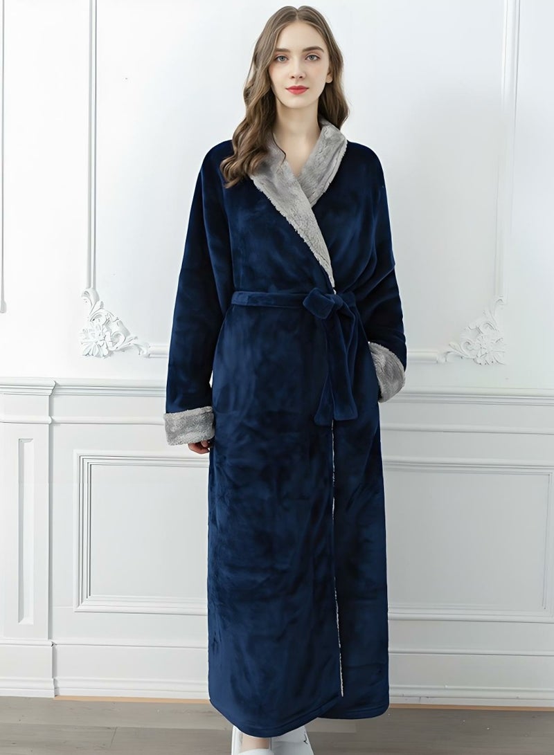 إسكدنيا جنس واحد الشتاء طويل سميكة فستان ليلي فلانيل رداء حمام بيجاما البحرية الزرقاء - Image 2