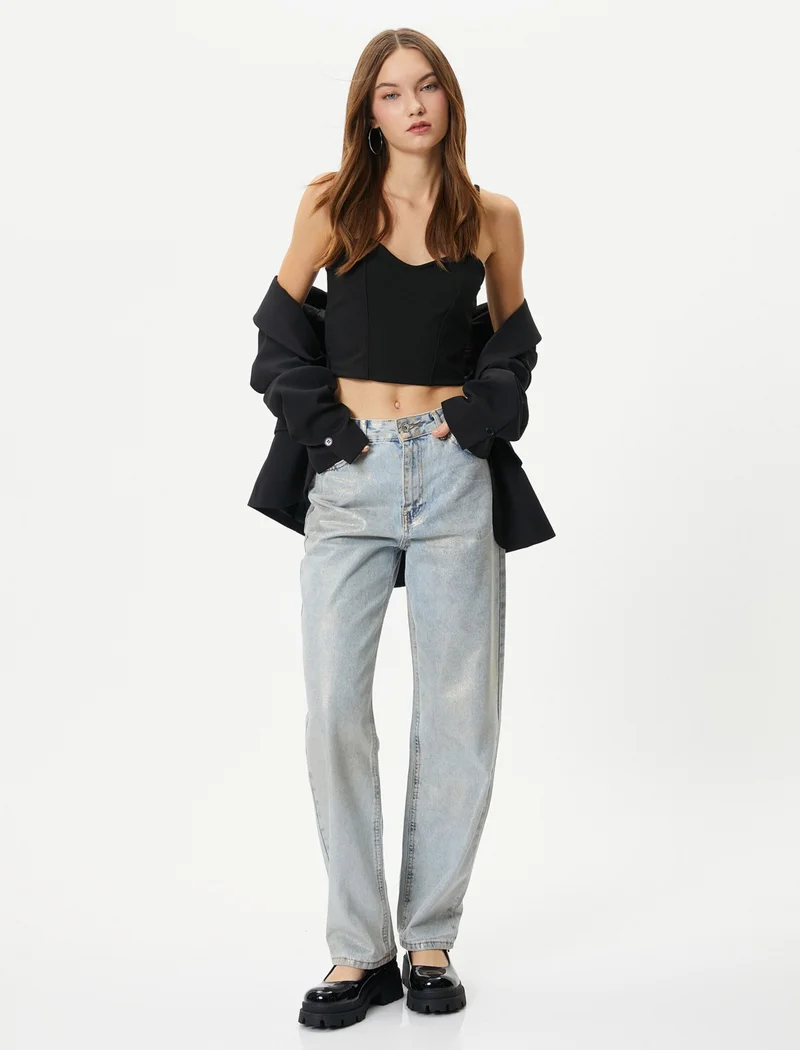 KOTON Thin Strap Crop Undershirt Sweetheart Neck Slim Fit Ribbed