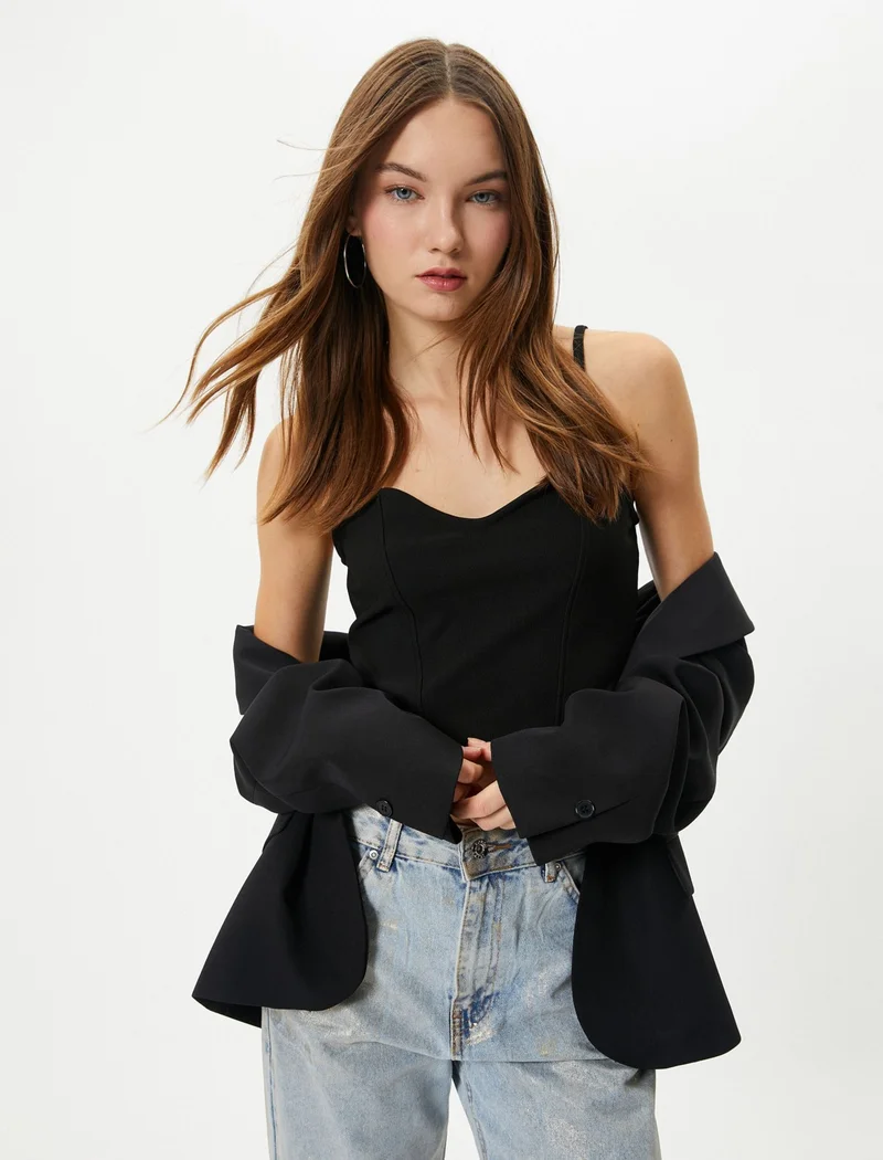 KOTON Thin Strap Crop Undershirt Sweetheart Neck Slim Fit Ribbed