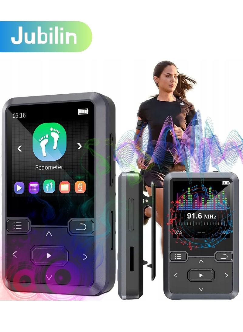 جوبيلين مشغل MP3 بسعة 32 جيجابايت مع بلوتوث 5.0، يدعم بطاقة TF بسعة قصوى 128 جيجابايت، تصميم ميني مثالي للرياضة، راديو FM، عداد خطوات، تكرار A-B، تشغيل عشوائي للصوت - أسود - Image 1