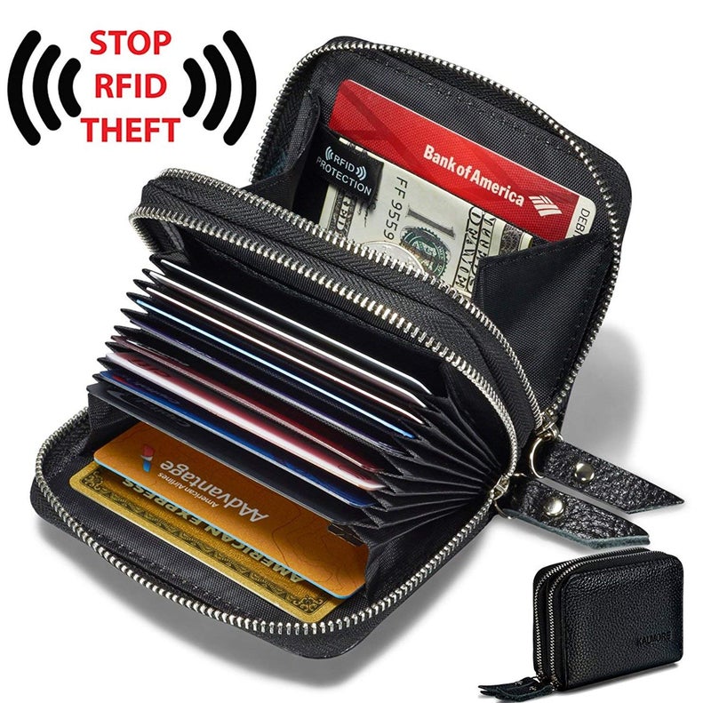 KALMORE Women's Leather RFID Secured Spacious Cute Card Wallet Small Purse, Black, Two Zippers - Image 3