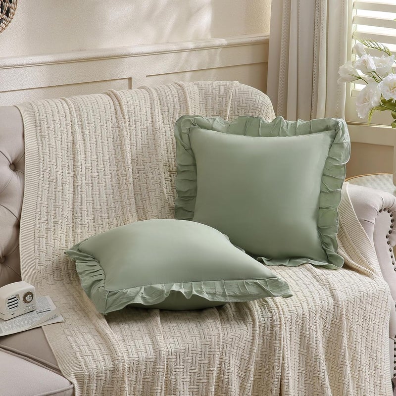 Merryword غطاء وسادة بلون أخضر زيتوني، مقاس 18×18 بوصة، مجموعة من 2 قطع، مصنوع من القطن الناعم - Image 2