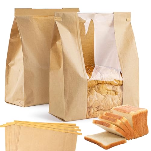 MAQIHAN 24 Bread Bags with Reusable Ties Homemade Sourdough Bread Storage Bags Brown Paper Bagel Loaf Bakery Bags with Window Toast Bags with Resealable Ties Disposable Baked Goods Sale Packaging - Image 1