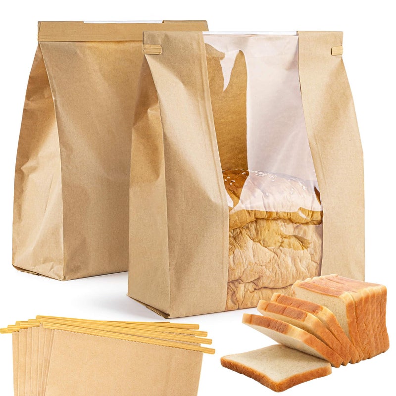 MAQIHAN 24 Bread Bags with Reusable Ties Homemade Sourdough Bread Storage Bags Brown Paper Bagel Loaf Bakery Bags with Window Toast Bags with Resealable Ties Disposable Baked Goods Sale Packaging - Image 2