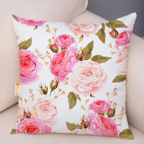Urvaan Cream Velvet Floral Print Cushion Cover, 16 x 16 Inch, Set of 7, Multicolour - Image 5