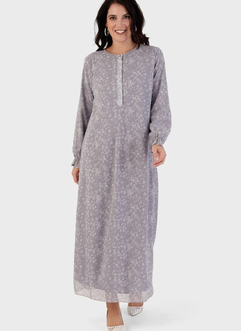 Alia by modanisa Balloon Sleeve Floral Print Dress