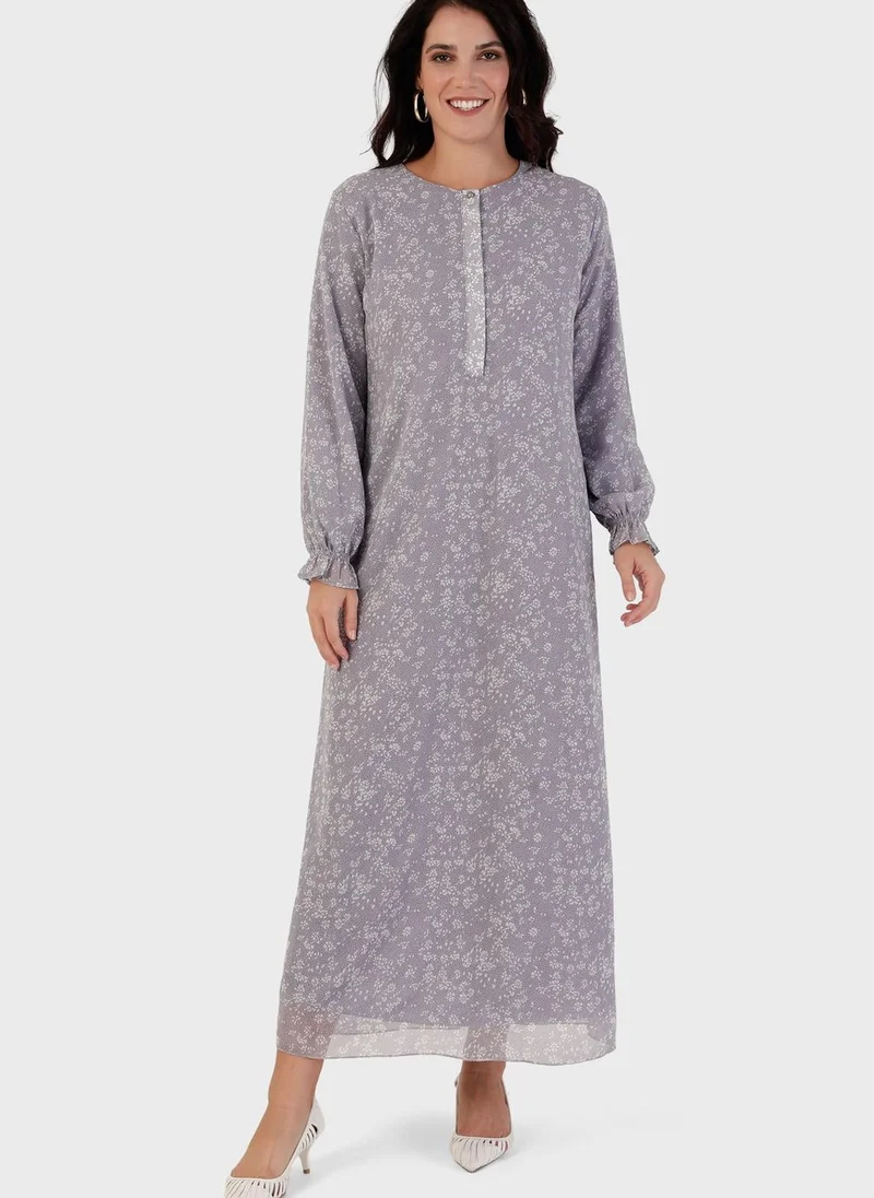 Alia by modanisa Balloon Sleeve Floral Print Dress