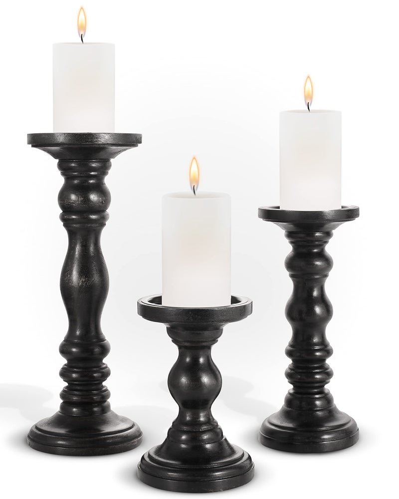 Large Candle Holders for Pillar Candles  Decorative Rustic Centerpiece Pillars Compatible with BatteryOperated Candles  Tall Farmhouse Wooden Candle Holders Pillar  Set of 3
