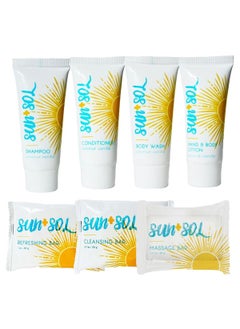 Sun  Sol Mini Size Hotel Toiletries Bathroom Kit  Warm Coconut  Vanilla  Shampoo Conditioner Body Wash Lotion Cleansing Bar Refreshing Soap Bar and Moisturizing Massage Bar