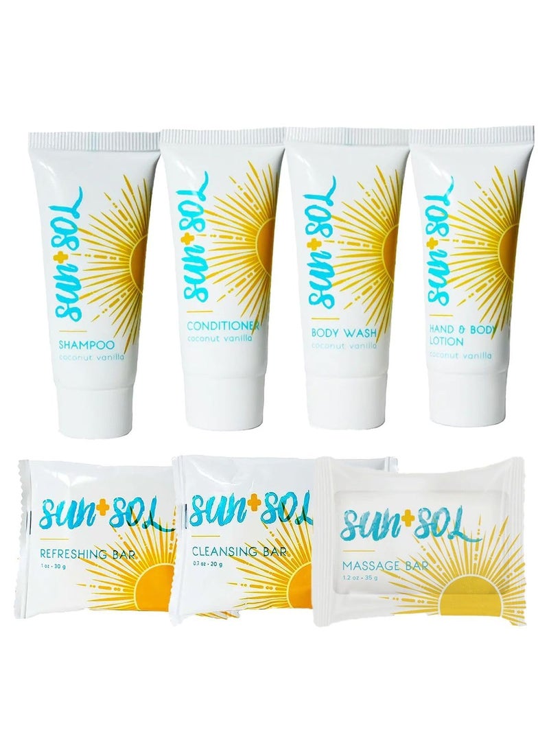 world amenities - Sun  Sol Mini Size Hotel Toiletries Bathroom Kit  Warm Coconut  Vanilla  Shampoo Conditioner Body Wash Lotion Cleansing Bar Refreshing Soap Bar and Moisturizing Massage Bar - Image 1