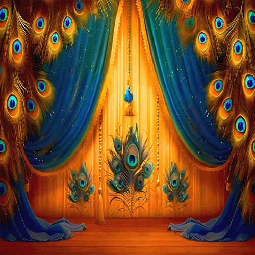 Backdropon Peacock Feathers Decoration Design Backdrop Cloth for Pooja Decoration Background Curtain Cloth Fabric-Polyester Size 8 Feet Height and 8 Feet Width (8 * 8) - Image 2