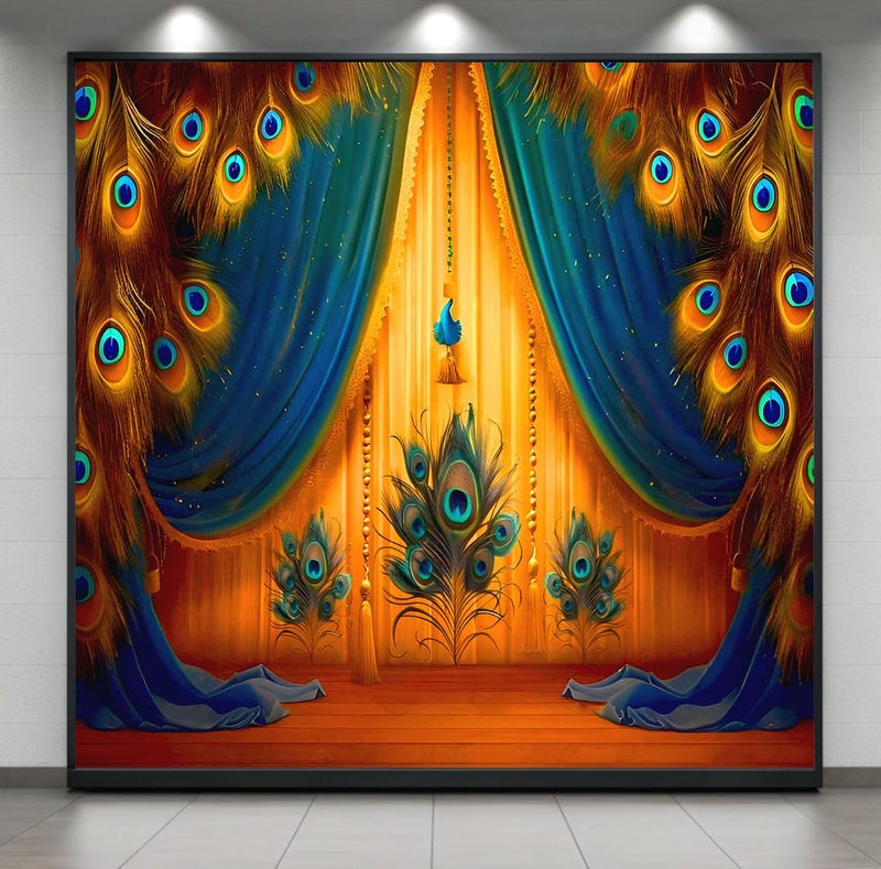 Backdropon Peacock Feathers Decoration Design Backdrop Cloth for Pooja Decoration Background Curtain Cloth Fabric-Polyester Size 8 Feet Height and 8 Feet Width (8 * 8) - Image 5