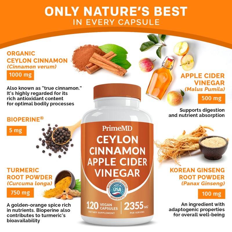 PrimeMD 5-in-1 Ceylon Cinnamon Capsules 2355mg - Ceylon Cinnamon and Apple Cider Vinegar Capsules - Turmeric and Panax Ginseng Capsules - Cinnamon Supplements with Bioperine, 120 ct - Image 2