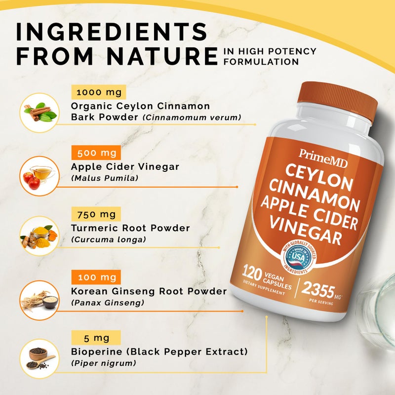 PrimeMD 5-in-1 Ceylon Cinnamon Capsules 2355mg - Ceylon Cinnamon and Apple Cider Vinegar Capsules - Turmeric and Panax Ginseng Capsules - Cinnamon Supplements with Bioperine, 120 ct - Image 3
