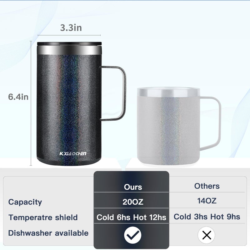KXIAOCHEN 20oz Insulated Coffee Mug with Lid, Stainless Steel Coffee Cup, Double Wall Vacuum Coffee Tumbler with Handle, Premium Thermal Travel Coffee Mug (Glitter Black) - Image 2
