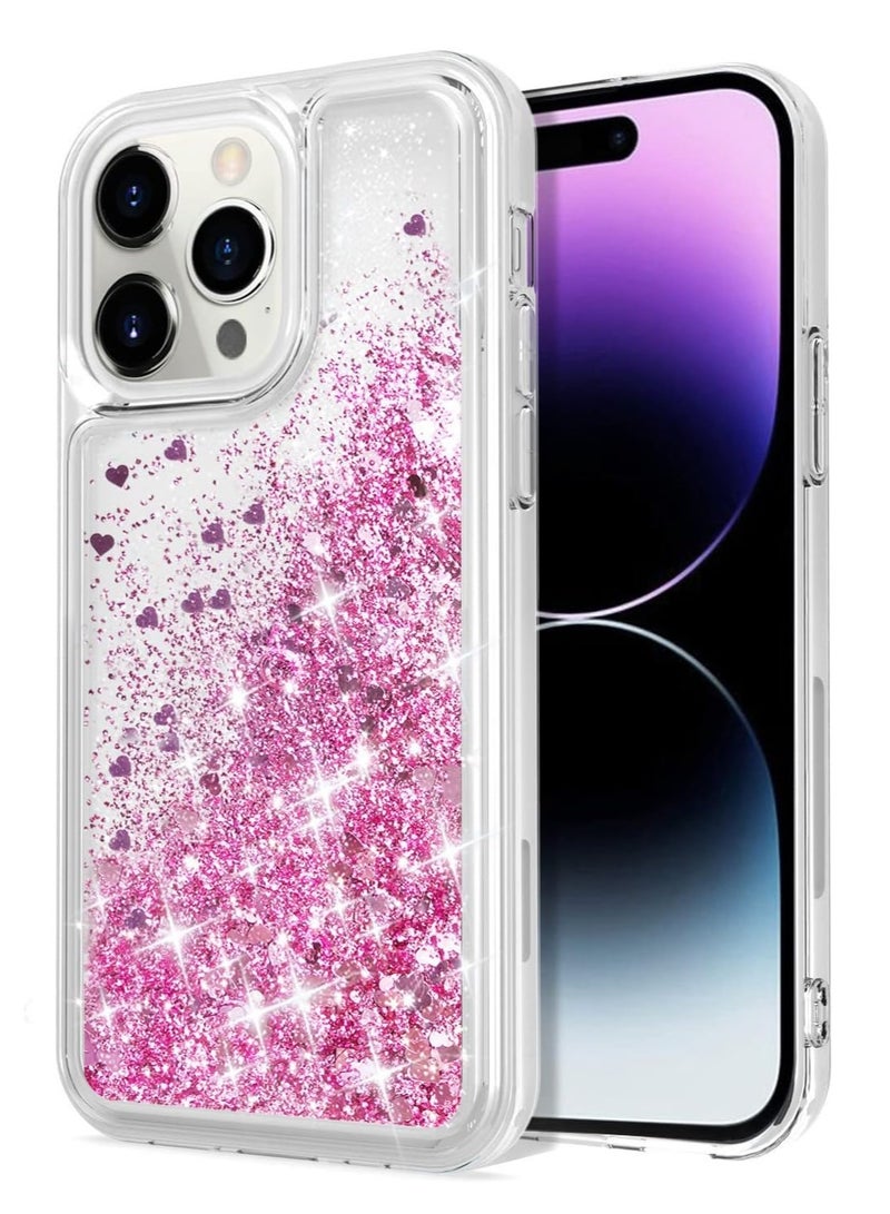 Case Club Glitter Liquid Case for iPhone 13 Pro – Pink Heart Sparkle Design, Shockproof Transparent TPU Cover, 6.1-Inch - Image 1
