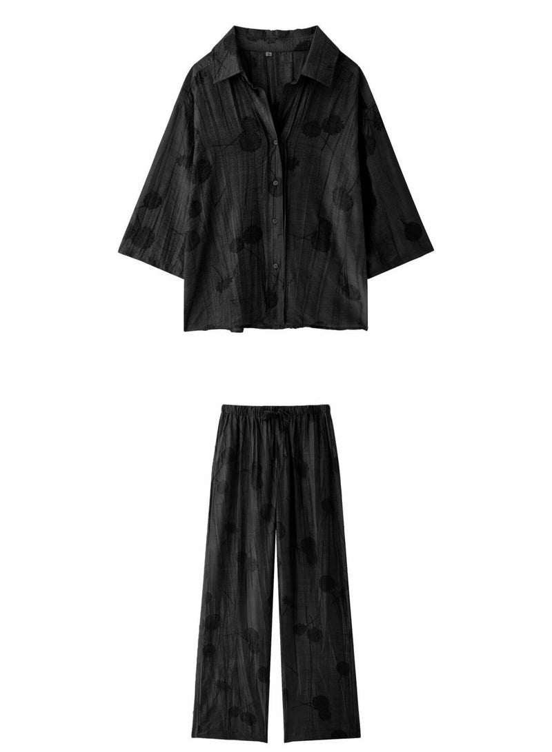 Shougu Loose Shirt Jacquard Casual Straight Leg Pants Set - Image 1