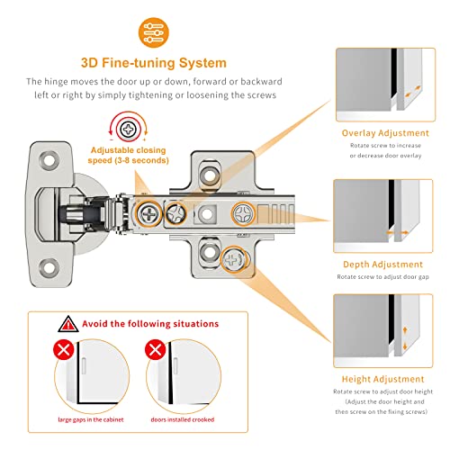 Chibery 10 Pack Frameless Full Overlay Soft Close Concealed European Hinges, Self Closing Satin Nickel, 105 ° Open Angle 4D Adjustment, Speed Control, Clip On, Stainless Steel for Cabinet Door - Image 3