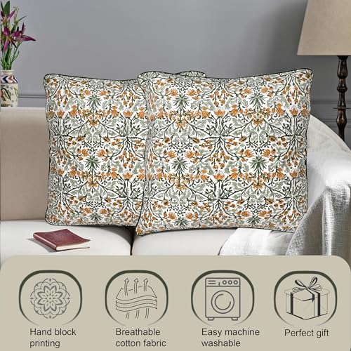 Ridhi Block Print Goldenrod Yellow Pillow Cover 18 x 18 Pack of 2 Decorative Couch Pillows for Living Room Farmhouse Chic Boho Cute Outdoor Pillows Covers Gifts for Spring Mothers Day - Image 3