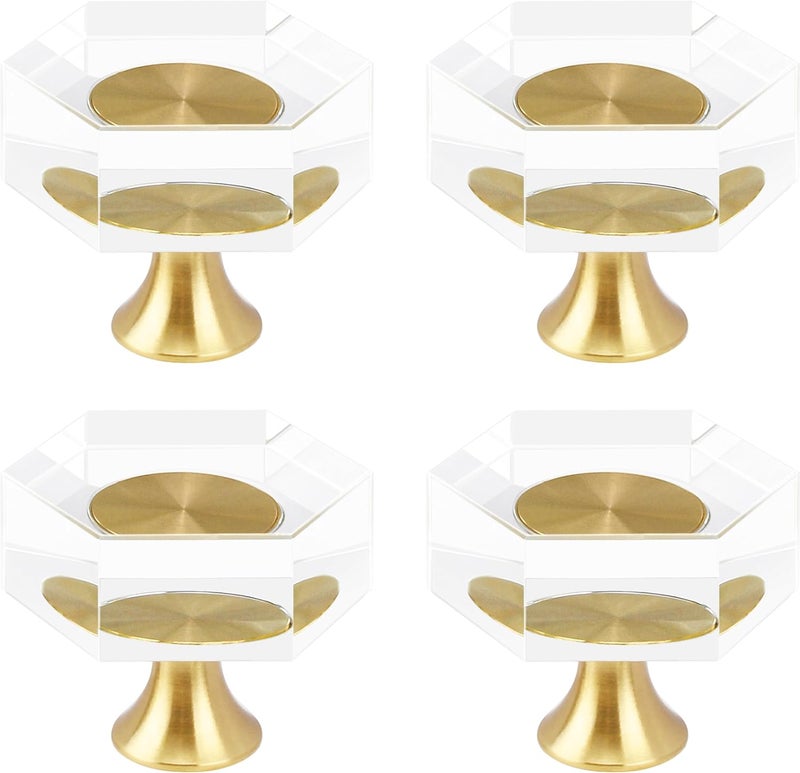 RZDEAL 4pcs Glass Crystal Cabinet Knobs Brass Drawer Knobs Dresser Pulls Gold Funiture Hardware for Kitchen Drawer Dresser 1316 Inch Hexagon - Image 1