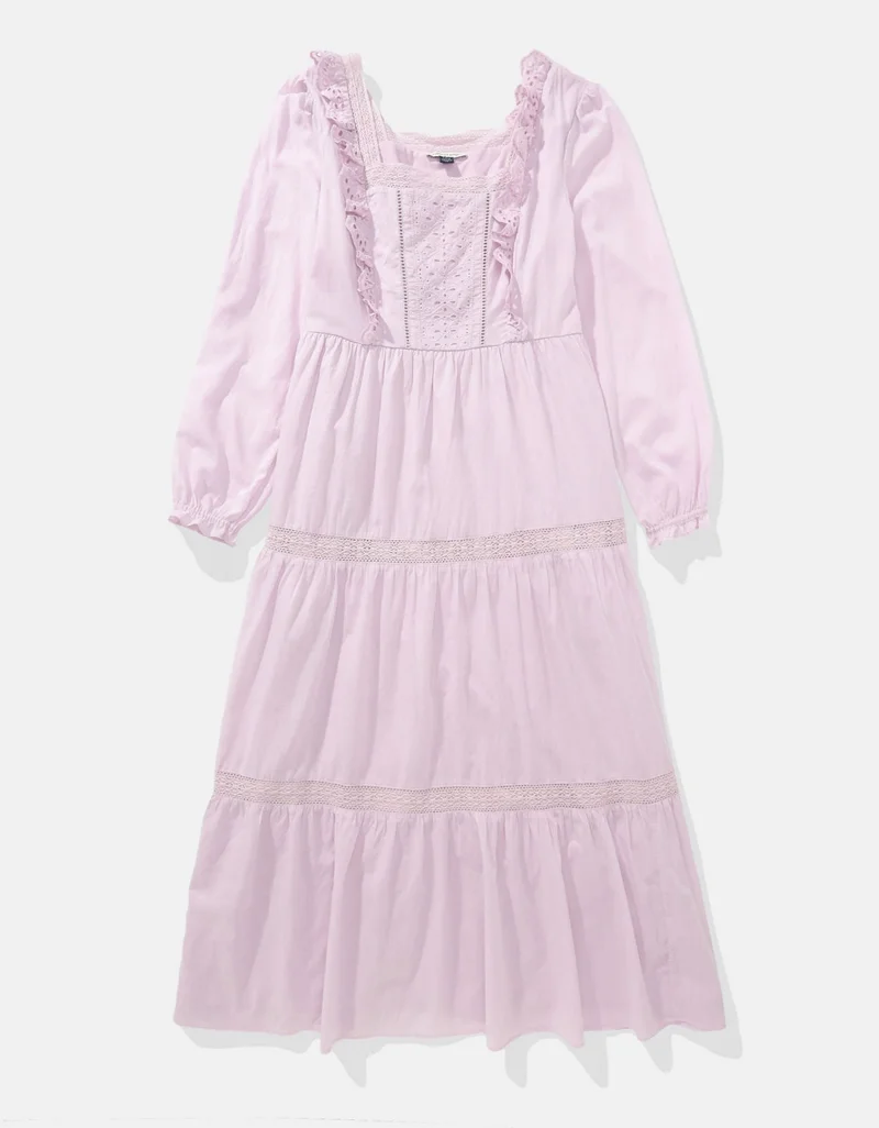 American Eagle  AE Long-Sleeve Tiered Embroidered Midi Dress for Women | Best Price UAE
