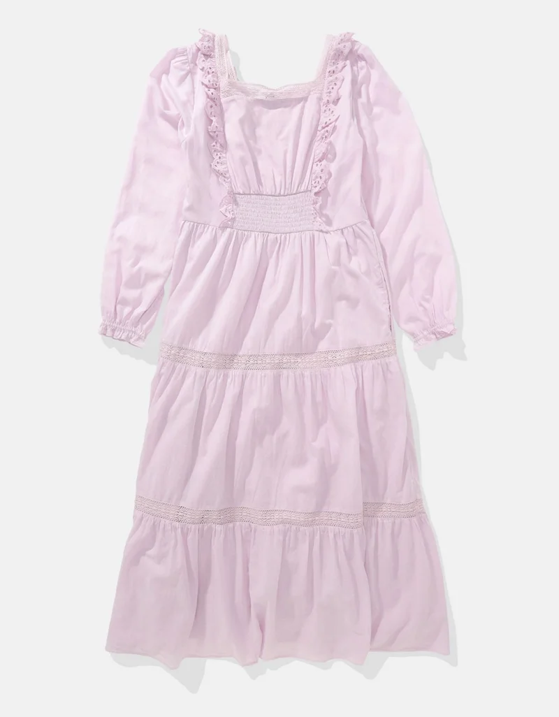 American Eagle  AE Long-Sleeve Tiered Embroidered Midi Dress for Women | Best Price UAE
