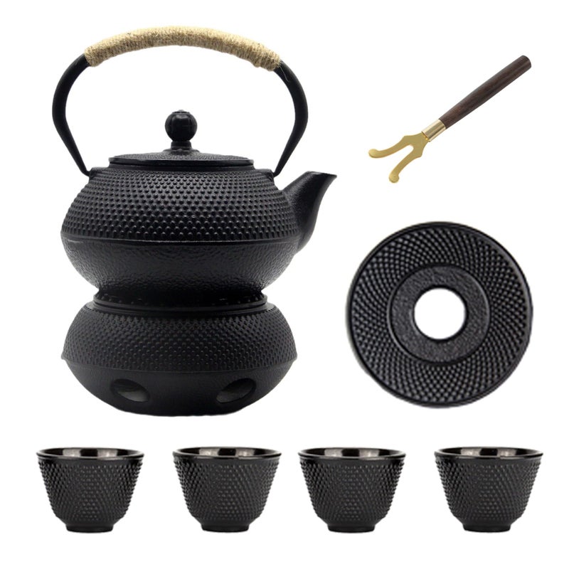 304oz Small Cast Iron Teapot Set with Candle Warmer Japanese Tea Kettle for Stovetop Safe Black Teapot and Tea Cup Set Tea Pot with Strainer for Loose Leaf900ml