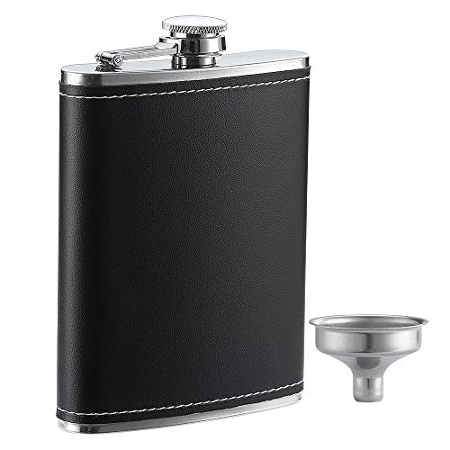 YWQ 1 Pack Flask for Liquor and Funnel, Premium 8 Oz Leak Proof 18/8 Stainless Steel Pocket Hip Flask with Black Leather Cover, Great Gift Idea - Image 1