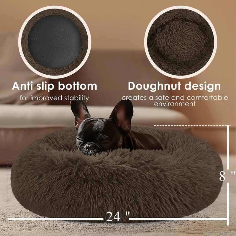 Hoewina Dogs Bed for Small Dogs, Anti-Anxiety Washable Round Bed (Coffee, 24.0" L x 24.0" W x 8.0" Th) - Image 3