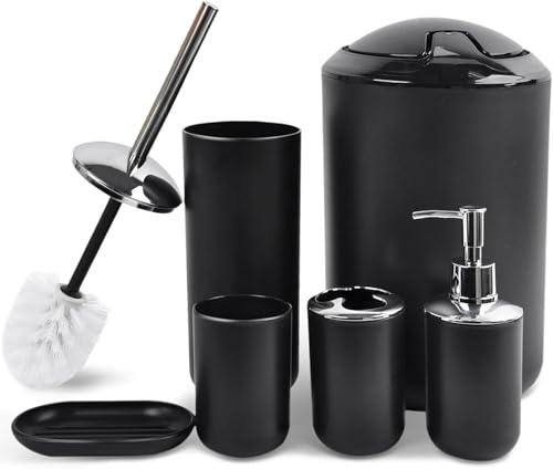 CERBIOR Bathroom Accessories Set 6 Piece Bath Ensemble Includes Soap Dispenser, Toothbrush Holder, Toothbrush Cup, Soap Dish for Decorative Countertop and Housewarming Gift (Shiny black-6pcs) - Image 1