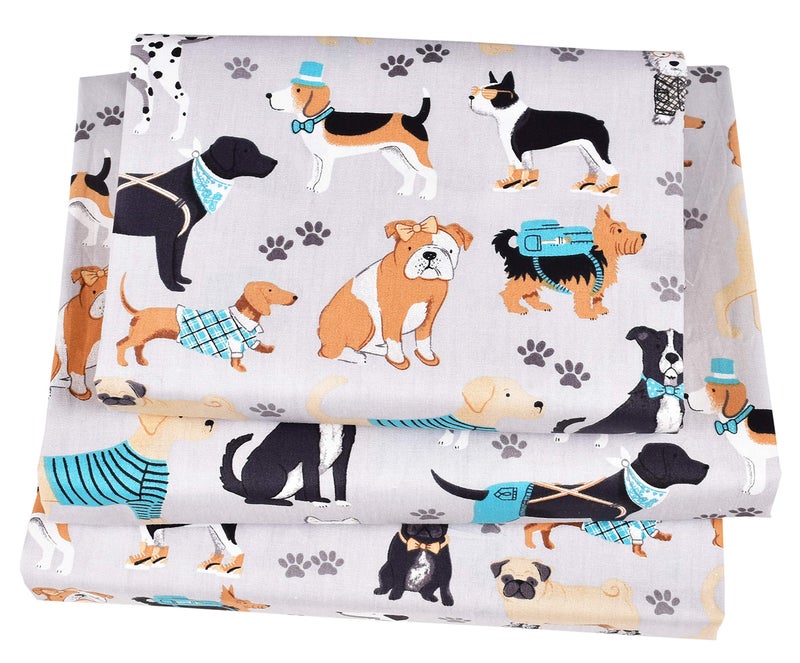 J-pinno Dogs Puppy Gray Cute Cozy Cartoon Twin Bed Sheets 100% Cotton 3 Pieces Sheet Set Bedroom Deco Gift for Kids Boys Children Flat Sheet + Fitted Sheet + Pillowcase Bedding Set - Image 1