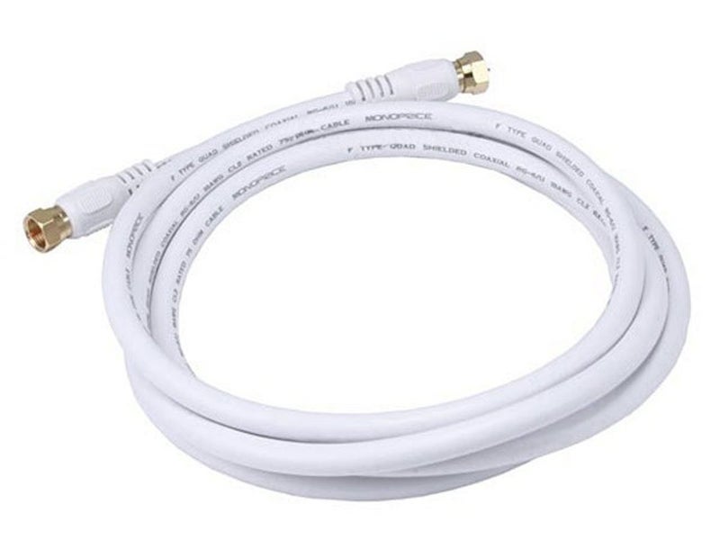 Monoprice RG6 Quad Shield CL2 Coaxial Cable with F Type Connector, 6ft, White - Image 1