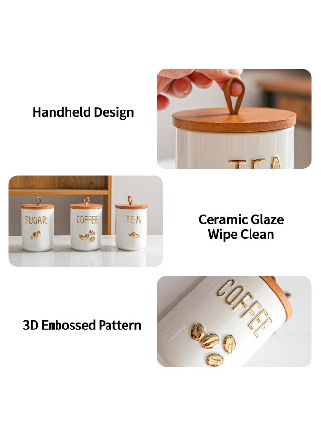 WALALLA 3-Piece White Ceramic Canister Set for Coffee Tea Sugar, Food Storage Jars with Wood Airtight Lids, Decorative Small Container for Kitchen Pantry Counter 800ml - Image 2