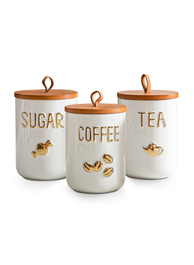 WALALLA 3-Piece White Ceramic Canister Set for Coffee Tea Sugar, Food Storage Jars with Wood Airtight Lids, Decorative Small Container for Kitchen Pantry Counter 800ml - Image 1